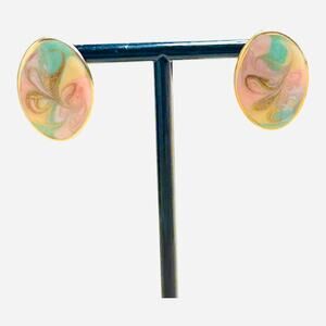 Vintage 90s Enamel Pastel Swirl Design Gold Tone Oval Earrings